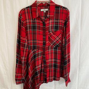 Hilary Radley for Katherine Barclay Red Plaid Asymmetric Long Sleeve Shirt NWOT